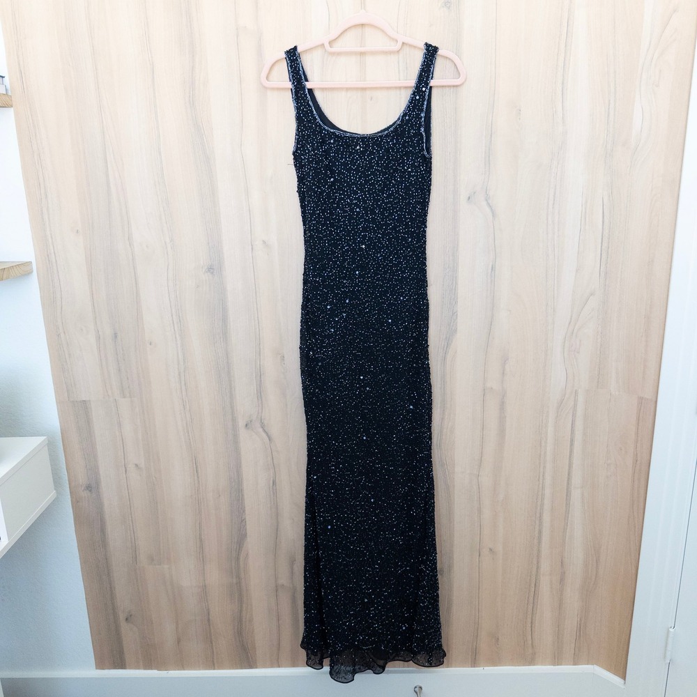 Vintage Chadwicks Beaded Maxi Dress 6P Black Sleeveless Formal Whimsigoth 90s